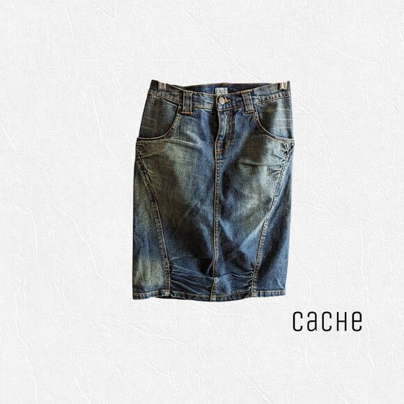 Vintage Cache Ruched Knee Length Denim Jean Skirt  Sz 0 - Picture 1 of 13